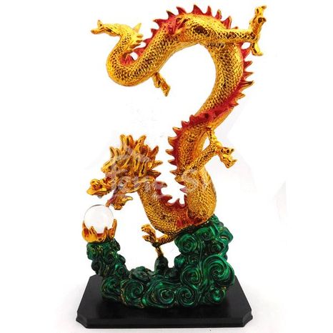 Čínsky drak s guľou, zlato-zelený 36 cm
