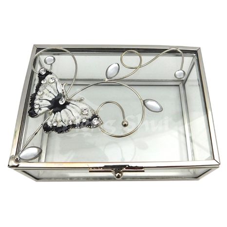 Šperkovnica s motýľom, kov + sklo